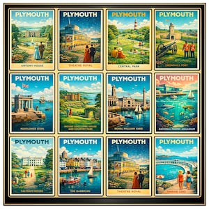 Puede incluir: Un conjunto enmarcado de doce carteles de viaje de estilo vintage con lugares emblemáticos de Plymouth, Inglaterra. Cada cartel muestra un lugar diferente, como Antony House, Theatre Royal y Central Park, con colores vibrantes e ilustraciones detalladas.