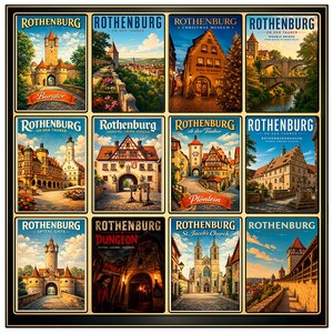 Può includere: Un set incorniciato di dodici poster di viaggio in stile vintage con scene di Rothenburg, Germania. Ogni poster mostra un diverso punto di riferimento, tra cui Burgtor e St. Jacob's Church, con colori vivaci e illustrazioni dettagliate.