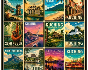 Kuching Poster, Sarawak Malaysia Wall Art, Vintage Travel Print, Kuching Landmarks Collage, Retro Asia Decor, Borneo City Print