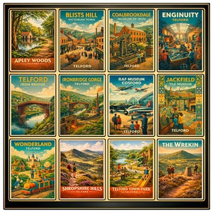May include: A framed collection of twelve vintage-style travel posters featuring various locations in Telford, England. Each poster showcases a different attraction, including Blists Hill, Ironbridge Gorge, and Wonderland, with vibrant illustrations and text.