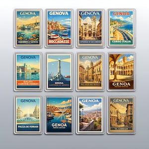 May include: A set of twelve rectangular magnets featuring vintage-style travel illustrations of Genoa, Italy. Each magnet displays a specific landmark, including the Aquarium, Boccadasse, San Lorenzo Cathedral, Corso Italia, and the Lanterna lighthouse.