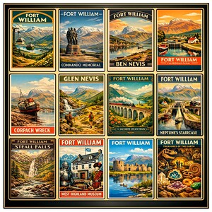 Fort William-affisch, Skottlands väggkonst, Ben Nevis-tryck, jakobitisk ångtågsillustration, skotska höglandets dekor, retro stadsaffisch