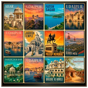 May include: A collection of twelve vintage-style travel posters featuring landmarks and scenic views of Udaipur, India. Each poster showcases a different location, including the City Palace, Jag Mandir, and Fateh Sagar lake, with vibrant colors and detailed illustrations.