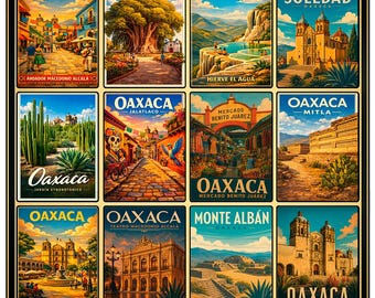 Oaxaca Poster, Mexico Travel Art, Vintage Oaxaca Print, Monte Alban Poster, Retro Mexico Decor, Hierve el Agua Art, Zocalo Oaxaca Print