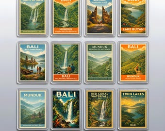 Vintage Bali Fridge Magnets Set, Indonesia Travel Souvenir and Munduk Kitchen Decor
