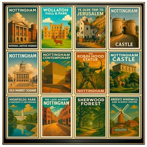 Op de afbeelding: Een verzameling van twaalf reisposters in vintage-stijl met bezienswaardigheden van Nottingham. Elke poster toont een andere locatie, waaronder het National Justice Museum, Wollaton Hall en Sherwood Forest. De posters zijn omlijst met een zwarte rand.