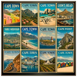 Peut inclure: Une affiche encadrée présentant douze affiches de voyage vintage du Cap, en Afrique du Sud. Chaque affiche met en valeur un monument ou une vue panoramique différente, avec un style rétro et du texte. Les lieux incluent Robben Island et Table Mountain.