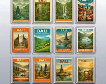 Vintage Sidemen Fridge Magnets Set, Bali Travel Souvenir and Rice Terrace Decor