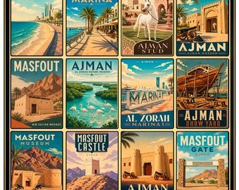 Ajman Poster, UAE Wall Art, Vintage Travel Print, Al Zorah Flamingo, Retro Middle East Decor, Masfout Landmarks Collage, City Print