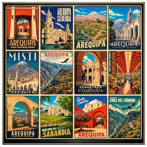 Könnte beinhalten: Ein gerahmter Druck mit zwölf Vintage-Reisepostern von Arequipa, Peru. Jedes Poster zeigt ein anderes Wahrzeichen oder eine malerische Aussicht, wie die Kathedrale und den Colca Canyon. Die Poster sind im Retro-Stil mit leuchtenden Farben gehalten.