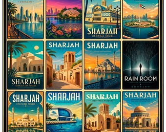 Sharjah Poster, UAE Wall Art, Vintage Travel Print, Sharjah Landmarks Collage, Central Souq Art, Retro Middle East Decor, City Print