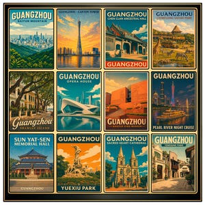 Pode incluir: Um conjunto emoldurado de doze cartazes de viagem em estilo vintage com pontos turísticos de Guangzhou, China. Cada cartaz apresenta uma ilustração única de locais como a Torre de Cantão e a Ópera, com o nome da cidade em destaque.