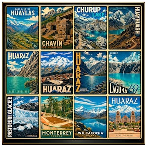 May include: A framed print featuring twelve vintage-style travel posters. Each poster showcases scenic views of the Peruvian Andes, including mountains, lakes, glaciers, and historical sites. The posters are in various colors, with text in English and Spanish.