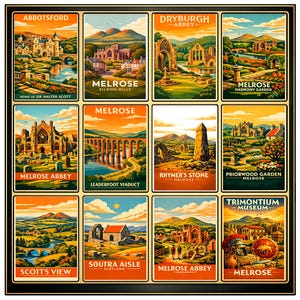 Puede incluir: Un póster enmarcado con doce carteles de viaje vintage de Escocia. Los carteles, con una paleta de colores cálidos, representan lugares como Melrose Abbey y Scott's View. Cada cartel tiene una ilustración única con texto de estilo retro.