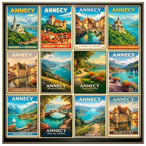 Op de afbeelding: Een verzameling van twaalf vintage reisposters met scènes uit Annecy, Frankrijk. Elke poster toont een ander herkenningspunt of uitzicht, waaronder de Basilique de la Visitation, Château d'Annecy en Canal du Thiou. De posters hebben een klassiek ontwerp met een zwarte rand.