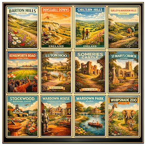 Puede incluir: Un conjunto enmarcado de doce carteles de viaje de estilo vintage que muestran vistas panorámicas y lugares emblemáticos de Luton, Inglaterra. Cada cartel muestra un lugar diferente, como Barton Hills, Dunstable Downs y Whipsnade Zoo, con texto que identifica cada lugar.
