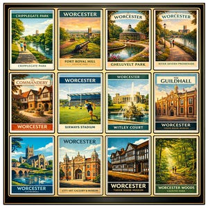 May include: A framed print of twelve vintage travel posters, each depicting a different location in Worcester, England. The posters feature landmarks such as the Cathedral, Tudor House Museum, and Gheluvelt Park. The artwork is in a retro style with a variety of colors.