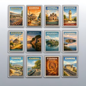 May include: A collection of twelve rectangular travel posters featuring landmarks in Ioannina, Greece. Each poster displays the text JOANNINA at the top, with specific site names like Fethiye Mosque, Clock Tower, and Perama Cave printed below.
