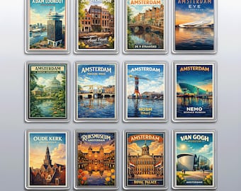Amsterdam Netherlands Vintage Travel Poster Fridge Magnets, Retro Cityscape Gift Set