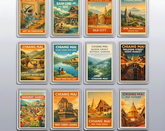 Vintage Bangkok Fridge Magnets Set, Thailand Travel Souvenir and Wat Arun Kitchen Decor