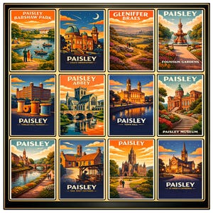 Paisley-affisch, Skottlands väggkonst, Paisley Abbey-tryck, Vintage reseillustration, Textilarvdekor, Skotsk stadshistorisk konst