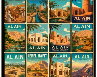 Al Ain Poster, UAE Wall Art, Vintage Travel Print, Al Ain Landmarks Collage, Jebel Hafit Art, Retro Middle East Decor, Oasis City Print