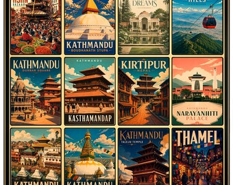 Kathmandu Poster, Nepal City Wall Art, Vintage Travel Print, Kathmandu Landmarks Illustration, Asia Decor, Boudhanath Stupa