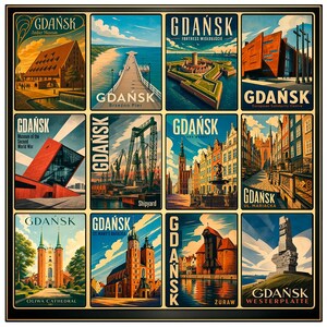 May include: A collection of twelve vintage-style travel posters featuring landmarks and scenes from Gdańsk, Poland. Each poster has a unique illustration, including the Amber Museum, Brzeźno Pier, and St. Mary's Basilica. The posters are framed in black.
