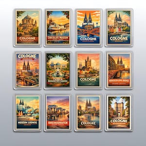 May include: A set of twelve rectangular wall art prints featuring colourful illustrations of Cologne, Germany landmarks including the Cologne Cathedral, Chocolate Museum, Flora Botanical Garden, Hohenzollern Bridge, and Museum Ludwig with text labels.