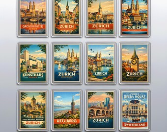 Aimants pour réfrigérateur vintage de Zurich représentant Grossmünster et Fraumünster, Suisse Cadeau de voyage
