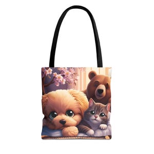 Bolsa de mano con adorables animales, regalo para amantes de las mascotas, diseño de perro, gato y oso, bolsa de compras ecológica, regalo de cumpleaños para niños.