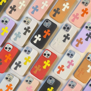 Color Customized Gothic Leather iPhone Case with Dual Cross Patch,Protective Case for iPhone 11, 12, 13, 14, 15, 16,Pro,Promax,Plus,16 E