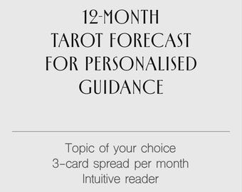 Year Ahead Tarotlegging • Gepersonaliseerde prognose van maand • Maandelijks uitgespreid met 3 kaarten (pdf)