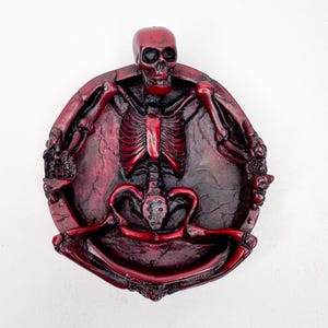 Handmade Skeleton Ashtray Sculpture, Gothic Red Ceramic Dish, Dark Art Figurine Bowl, Spooky Home Decor, Halloween or Horror Gift