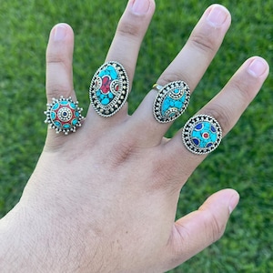 Handmade Tibetan Rings from Nepal – Adjustable Boho Rings with Turquoise & Coral Inlay – Unisex Ethnic Jewelry