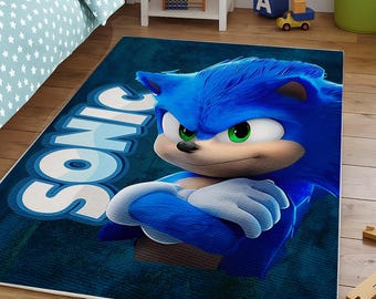 Non Slip Washable Blue Speed Hero Kids Room Rug, Cartoon Hedgehog Area Carpet, Gamer Boy Bedroom Decor