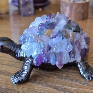 Adorable Natural Rainbow Fluorite cluster on metal Turtle