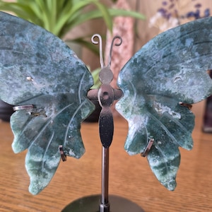 Natural Green Moss Agate with Druzy, Hand Carved Crystal Butterfly on metal stand