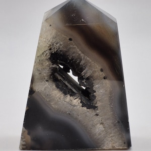 Black Onyx Agate Crystal Carving Tower with Druzy, Protection Crystal, Grounding Stone