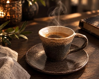 Wabi Sabi Keramik-Doppel-Espressotassen-Set mit Untertasse, kleine rustikale Steingut-Cortadotasse, handgefertigte Keramik-Espressotasse, erdiger Kaffeegeschmack
