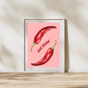 Just Chillin print, chili poster, esthetische keuken decor, retro chili poster, digitale kunst print, funky home muurkunst