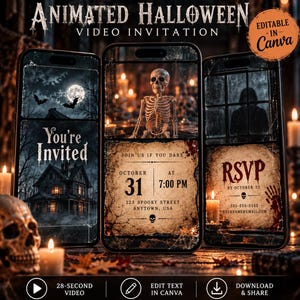 Puede incluir: Tres teléfonos inteligentes muestran una invitación de video animada de Halloween con temas góticos oscuros. Las pantallas muestran una casa embrujada, un esqueleto y detalles de RSVP con texto que incluye 'You're Invited', 'October 31' y 'RSVP'. Una insignia naranja dice 'Editable in Canva'.