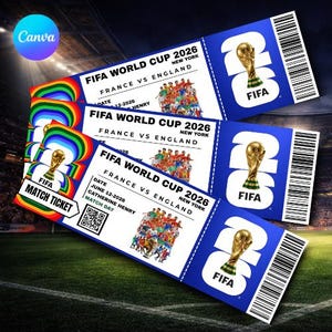 May include: Three blue FIFA World Cup 2026 tickets with gold trophy graphics. Each ticket displays "France vs England" and "New York" text. One ticket reads "Match Ticket" with a rainbow design.