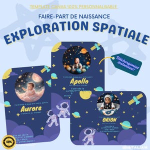 Faire-part de Naissance - Exploration Spatiale | Thème Espace Carte naissance annonce fille ou garçon personnalisable | FR | Template Canva