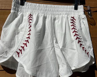 Women’s Baseball Lace Running Shorts – Softball Game Day Activewear, Red Glitter Stitch Detail, White Athletic Shorts for Players & Fans