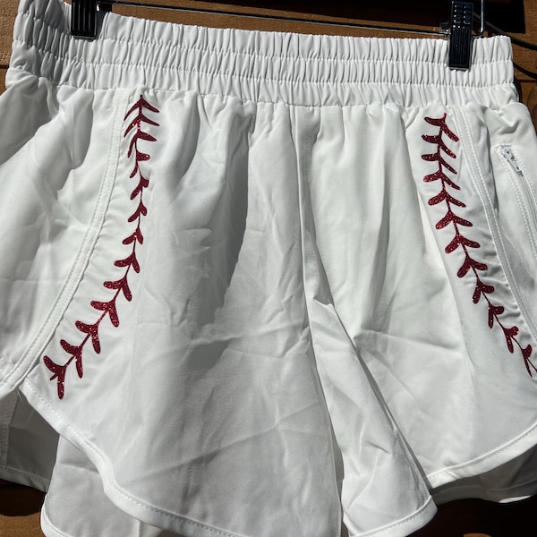 Women’s Baseball Lace Running Shorts – Softball Game Day Activewear, Red Glitter Stitch Detail, White Athletic Shorts for Players & Fans