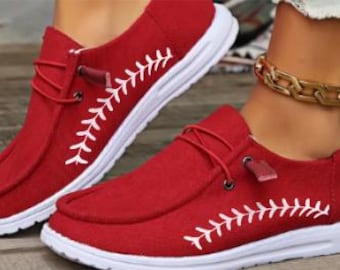 Custom Baseball Stitch Shoe, Red shoes with WHITE Glitter Baseball Laces Sneakers, Personalized Baseball Mom Shoes, Game Day Shoes, Softball