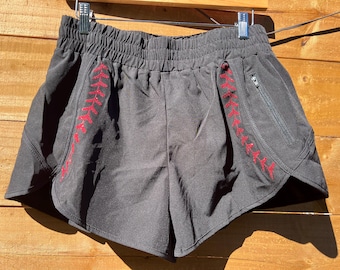 Women’s Baseball Lace Running Shorts – Softball Game Day Activewear, Red Glitter Stitch Detail, BLACK Athletic Shorts for Players & Fans