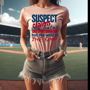 May include: A woman wearing a pink t-shirt with the text "SUSPECT claims she hates BAD SPORTSMANSHIP but she yells at THE UMP" in red and blue lettering. She is wearing denim shorts and standing on a baseball field.