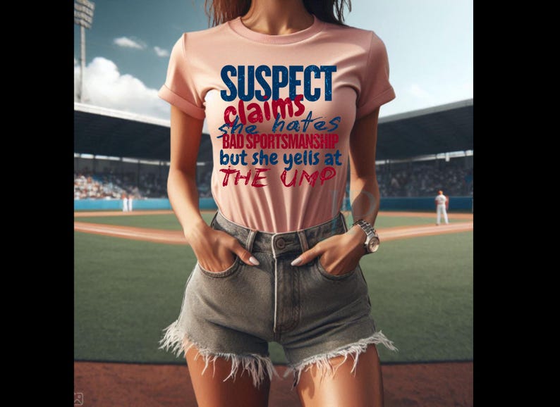 May include: A woman wearing a pink t-shirt with the text "SUSPECT claims she hates BAD SPORTSMANSHIP but she yells at THE UMP" in red and blue lettering. She is wearing denim shorts and standing on a baseball field.
